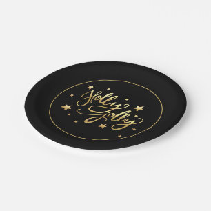 Prato De Papel Holly Jolly   Elegante Dourado Faux Foil Script
