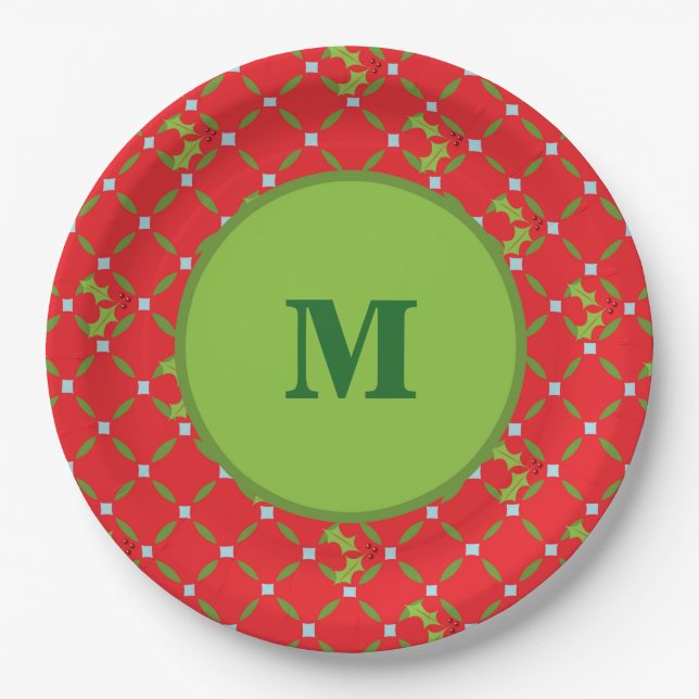 Prato De Papel Holly Monogramas, Red and Green Paper Plates (Frente)