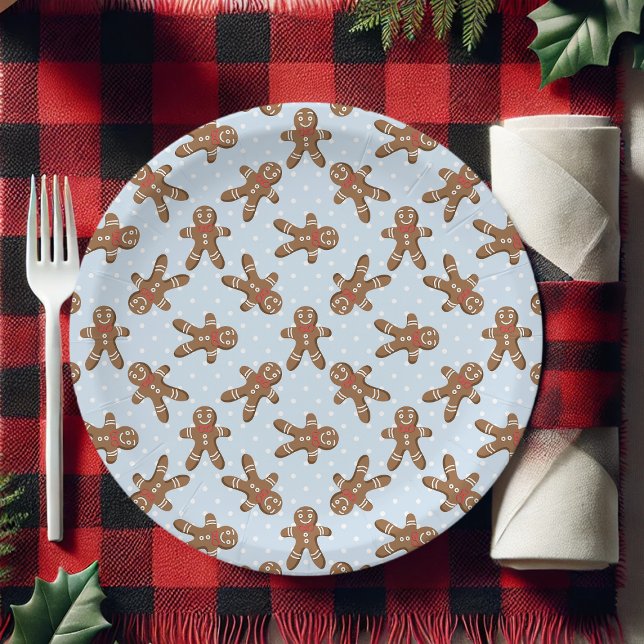 Prato De Papel Homem de gengibre de bolinhas azuis Natal (Criador carregado)