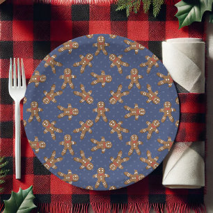 Prato De Papel Homem de gengibre de bolinhas azul marinho Natal