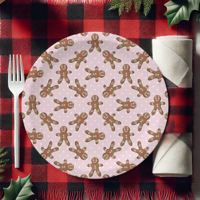 Prato De Papel Homem de gengibre de bolinhas rosa Natal (Criador carregado)