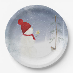 Prato De Papel Homem de neve de Natal com estrela de ouro