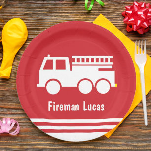 Prato De Papel Homem-Fogo Vermelho e Branco Simples com Nome