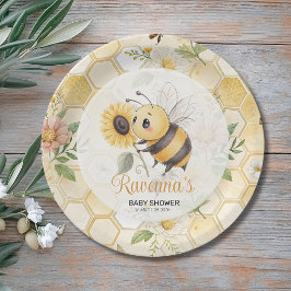 Prato De Papel Honeycomb Floral Bee Custom Name Baby Shower