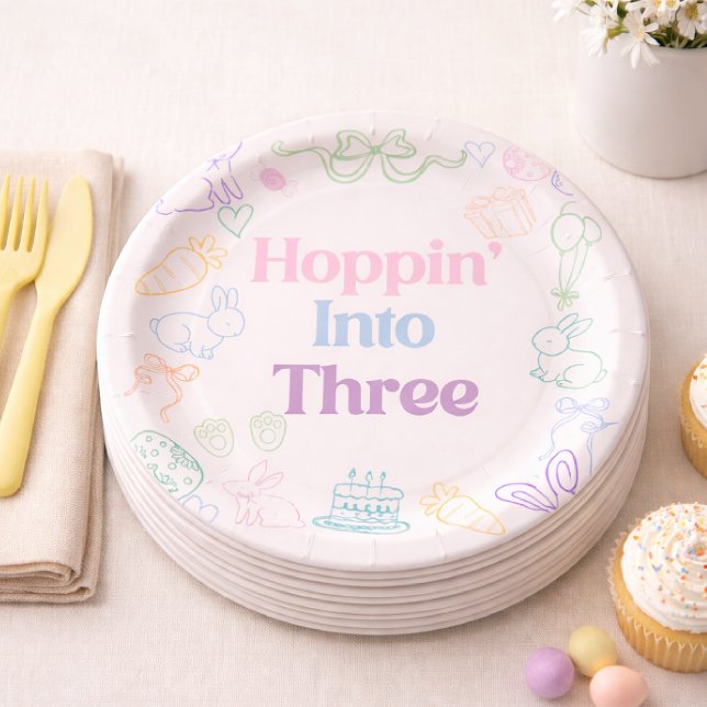 Prato De Papel Hoppin’ Into Three Birthday plates– Bunny 3rd  (Criador carregado)