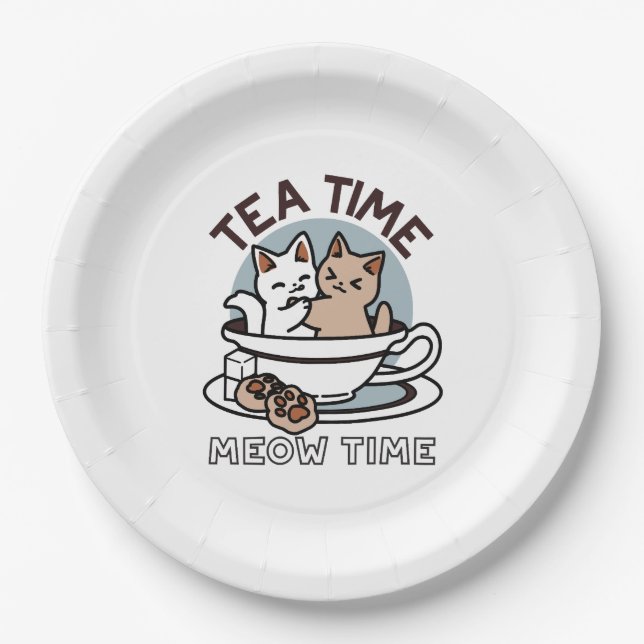 Prato De Papel Hora do Tea Meow - Design de Gato e Chá (Frente)