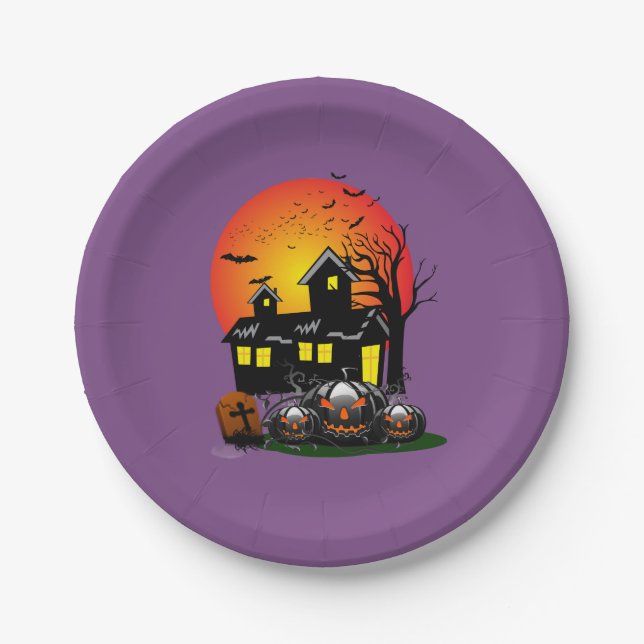 Prato De Papel Horário da Festa de Halloween em Roxo (Frente)