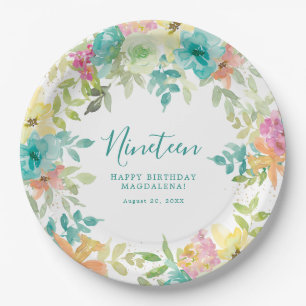 Prato De Papel Horário de Verão Personalizado Floral 19º Aniversá