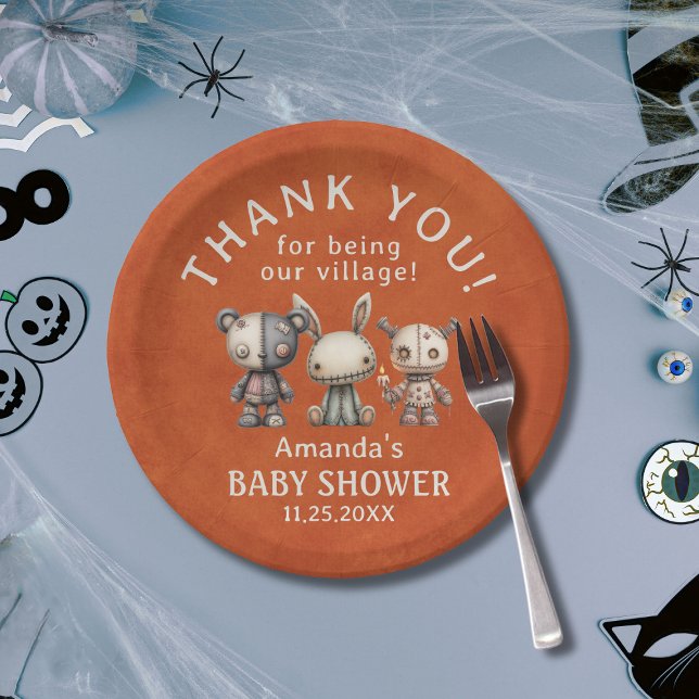 Prato De Papel Horário Laranja Personalizado leva Chá de fraldas  (Custom Orange Halloween Takes Village Baby Shower Paper Plates)