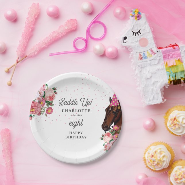 Prato De Papel Horse Birthday Theme Pink Floral Girl Cowgirl (Festa)