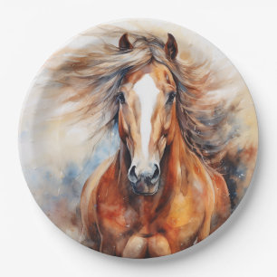 Prato De Papel Horse Watercolor Castanho e branco