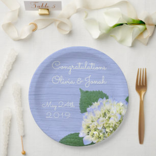 Prato De Papel Hortênsia Floresce Casamento Grão de Madeira Azul