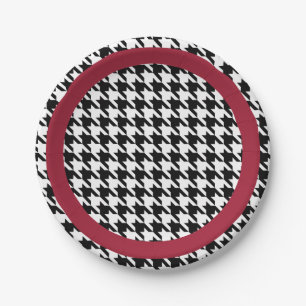 Prato De Papel Houndstooth preto e branco com acento carmesim
