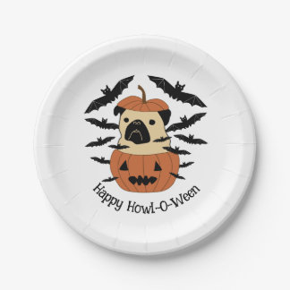 Prato De Papel Howl-O-Ween Pug num Jack-O-Lanterna com Bats