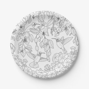 Prato De Papel Hummingbird e Flores: Página de Coloração de Ad