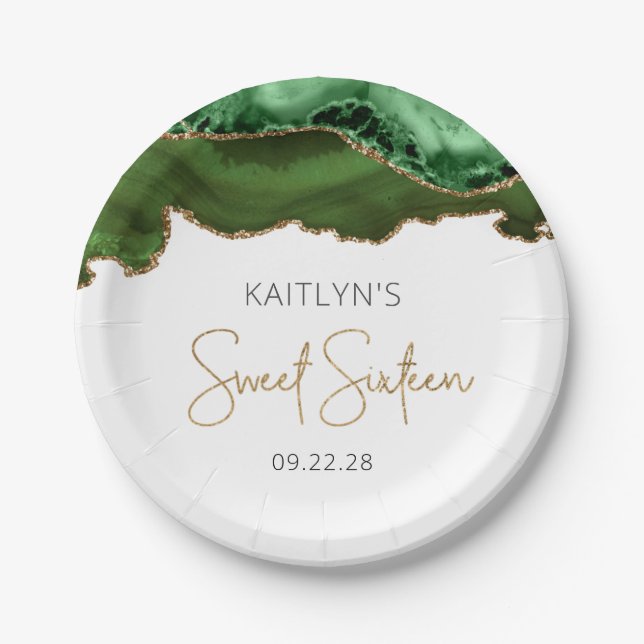 Prato De Papel Hunter Green Dourado Agate Sweet 16 Festa de anive (Frente)
