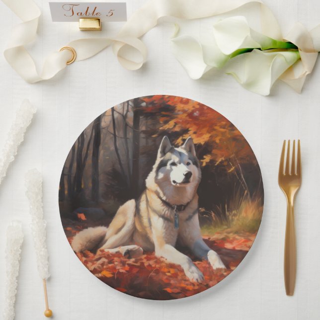 Prato De Papel Husky Siberiano nas Folhas do outono cai inspirado (Casamento)