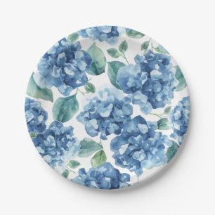 Prato De Papel Hydrangea Blues Flores em Aquarela Padrão de Flo