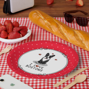 Prato De Papel I Love Bostons Boston Terriers (preto e branco)