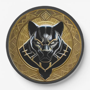 Prato De Papel Ícone do Pantera Negra com Fundo Geométrico Dourad