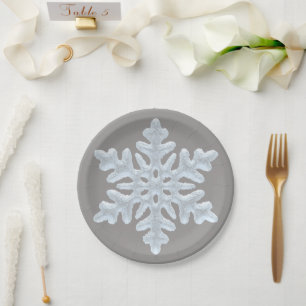 Prato De Papel Icy White Frozen Snowflake Elegante Cinza Natal