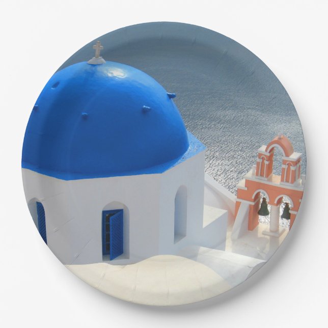 Prato De Papel Igreja Santorini no Sol da Tarde (Frente)