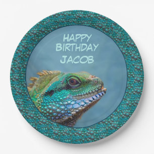 Prato De Papel Iguana Feliz Aniversário Verde, Azul, Teal
