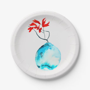 Prato De Papel Ikebana aquarela vase azul