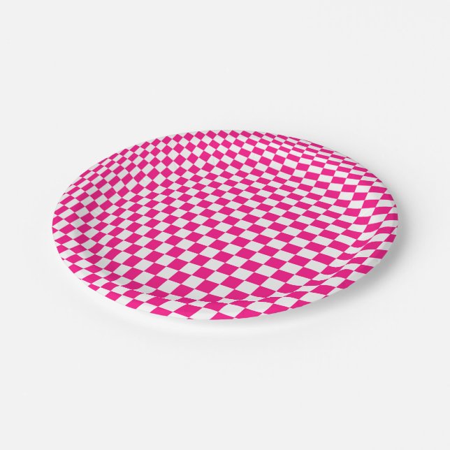 Prato De Papel Ilusão Óptica Xadrez Rosa e Branco (Inclinado)