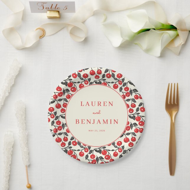 Prato De Papel Ilustração Alegre de Cereja Vermelha (Casamento)