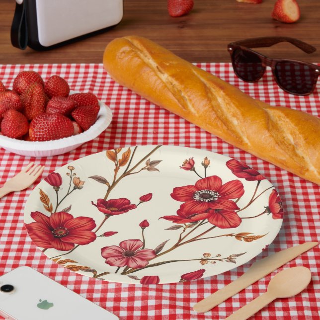 Prato De Papel Ilustração Botânica Vermelha Vibrante (Piquenique)