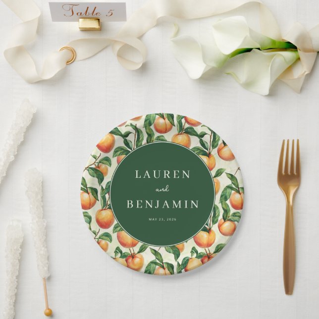 Prato De Papel Ilustração Caprichosa de Pêssego Verde (Casamento)