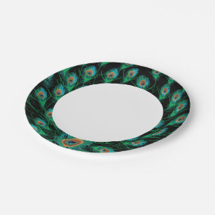 Prato De Papel Ilustração com Penas Pavão em Preto