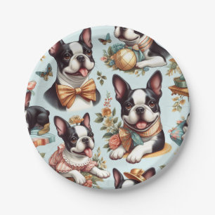 Prato De Papel Ilustração Cute Vintage de Boston Terrier