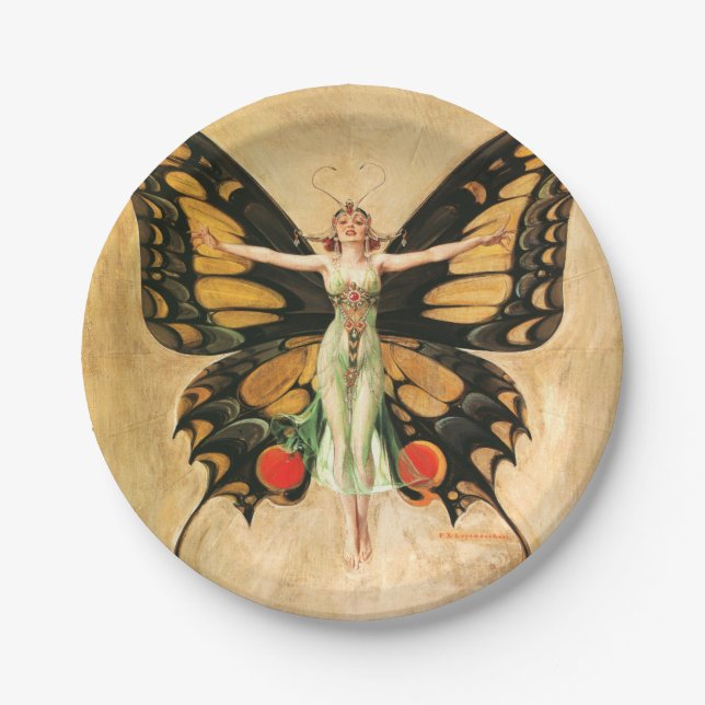 Prato De Papel Ilustração da Mulher Borboleta Flapper por Leyende (Frente)