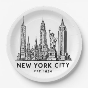 Prato De Papel Ilustração da Silhueta de Nova York com Estátua da