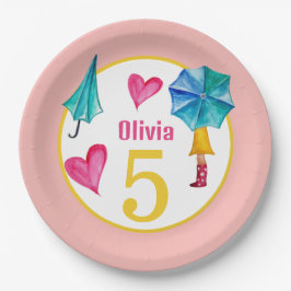 Prato De Papel Ilustração de Aquarela da Garota dos Guarda-chuvas