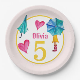 Prato De Papel Ilustração de Aquarela da Garota dos Guarda-chuvas