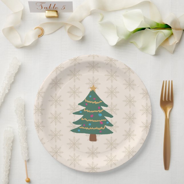 Prato De Papel Ilustração de árvore de Natal com padrão de floco  (Casamento)