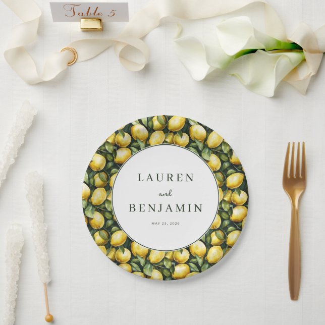 Prato De Papel Ilustração de Limão Amarelo Alegre (Casamento)