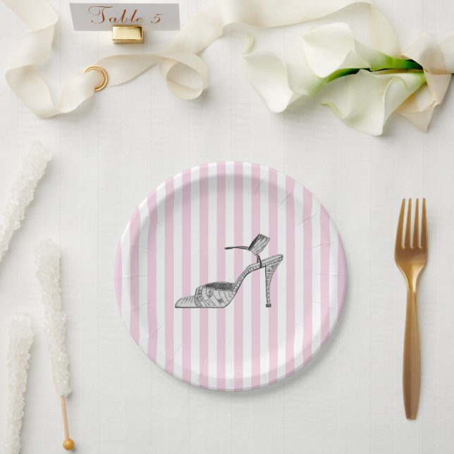 Prato De Papel Ilustração de Sapato Moda Listra Rosa (Casamento)