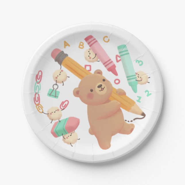 Prato De Papel Ilustração de volta às aulas do Teddy (Frente)