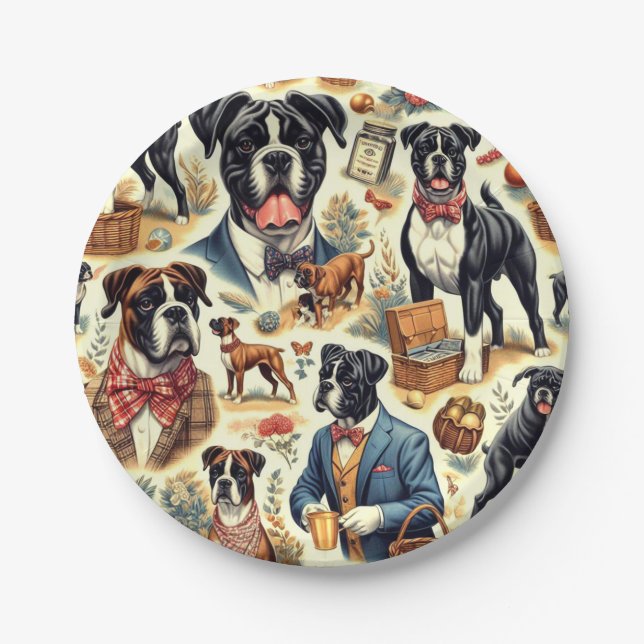 Prato De Papel Ilustração do Cachorro Retro Boxer (Frente)