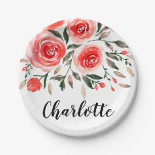 Prato De Papel Ilustração Floral de Cor de Água de Rosas Rosa Per