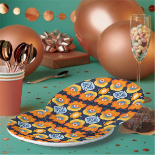 Prato De Papel Ilustração Floral Retro Ousada em Laranja e Azul