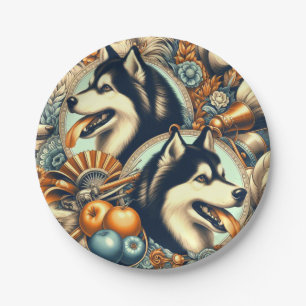 Prato De Papel Ilustração Retro Siberian Husky