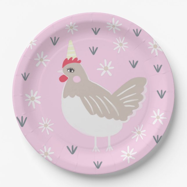 Prato De Papel Ilustração Rustic Pink Vintage Chicken  (Frente)