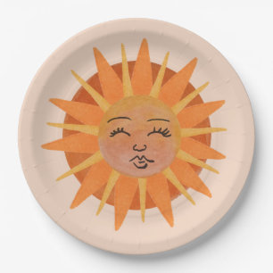 Prato De Papel Ilustração Sun Face Orange Watercolor