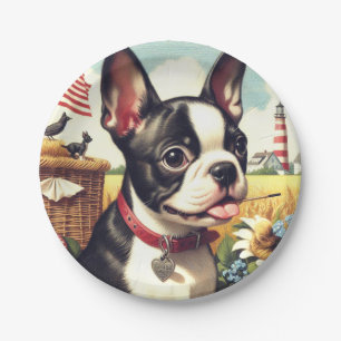 Prato De Papel Ilustração Vintage de Boston Terrier