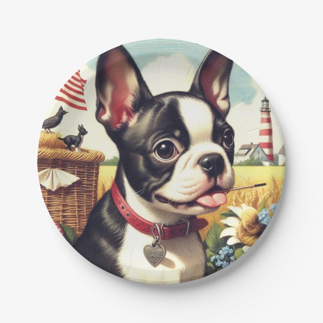 Prato De Papel Ilustração Vintage de Boston Terrier (Frente)